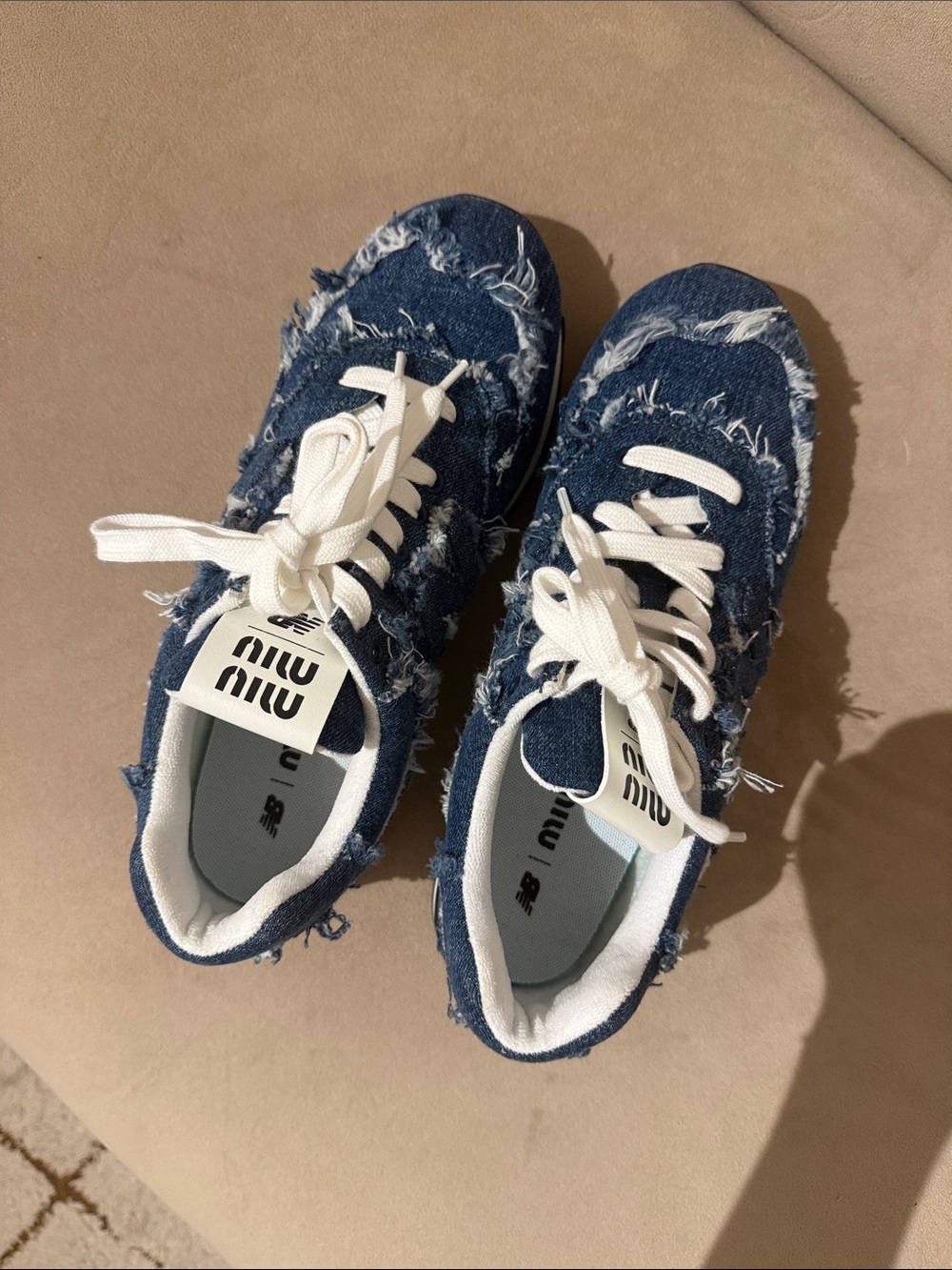 Miu Miu New Balalace Distressed Denim Sneakers with White Laces